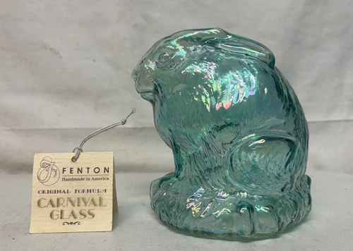 Original Fenton Blue Carnival Glass Bunny 6” With Original Tag & Sticker