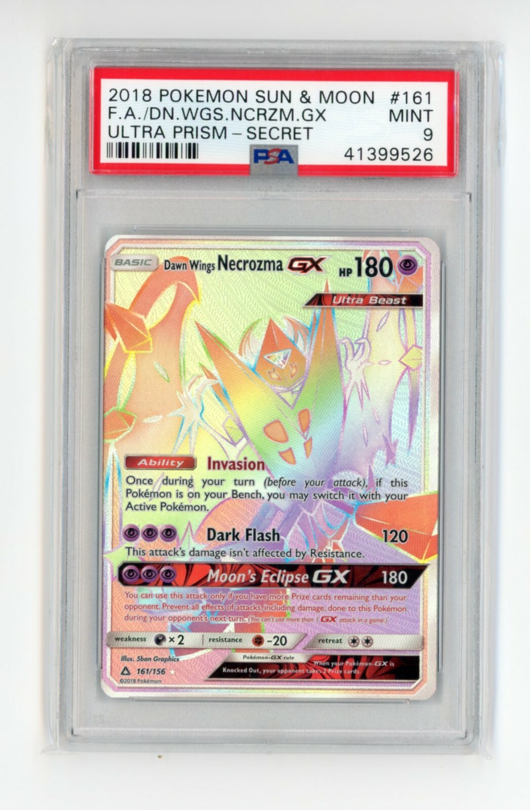 Dawn Wings Necrozma GX 161/156 Ultra Prism Secret Rare Pokemon - PSA 9 MINT!