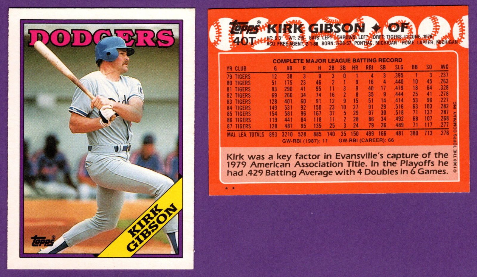 Kirk Gibson 1988 Topps Traded #40T 1st Los Angeles Dodgers Card! Well Centered!