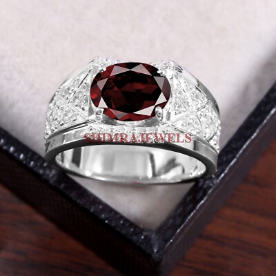 Natural Garnet Gemstone With 14K White Gold Plated Silver Mens Ring #463
