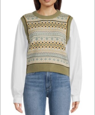 DKNY Sweater L Mixed Media Fair Isle Knit Bodice Vest  Shirt Sleeves NWT