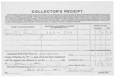 1912 Property Tax Collector's Receipt, Town of Jasper, Steuben County ...