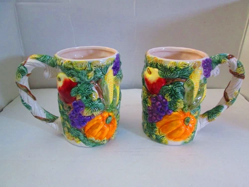 Fitz & Floyd Mugs 1993 Harvest Bounty Fall Autumn Cornucopia Thanksgiving Set