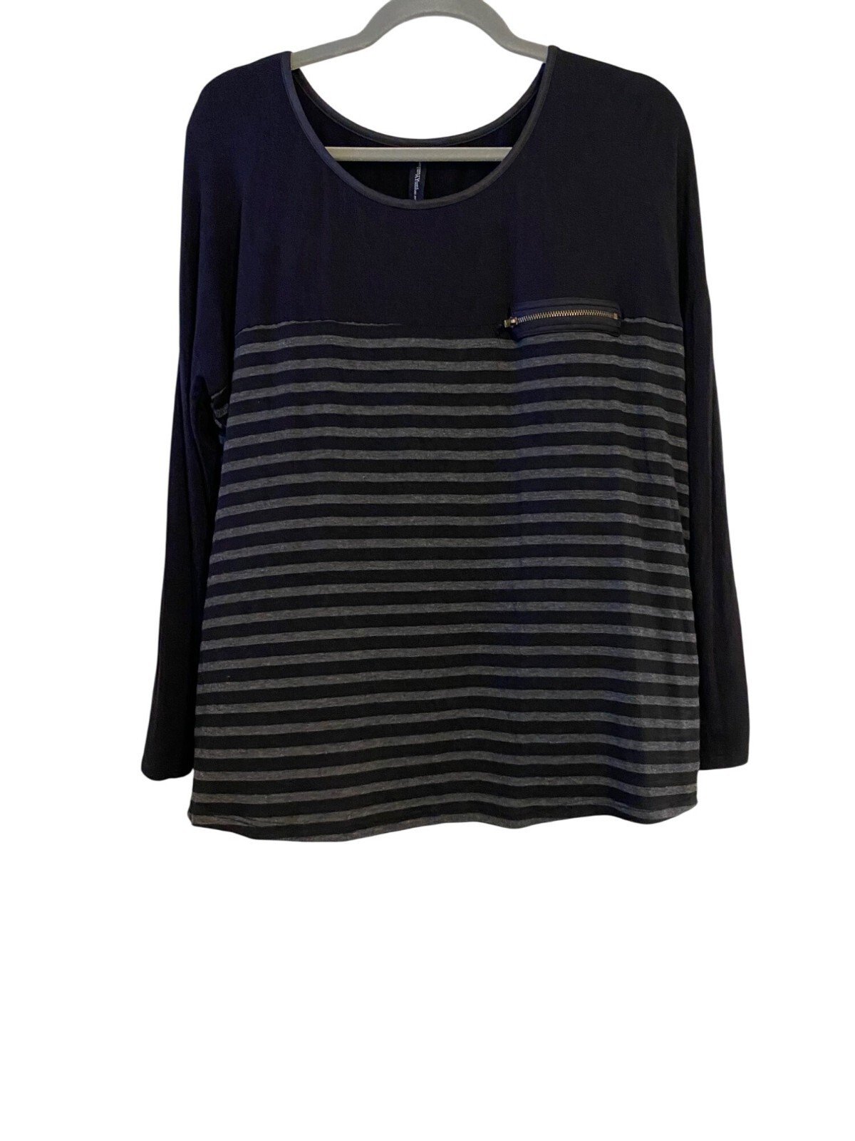 Women's XL Black Gray Striped Knit Tunic with Pocket Detail