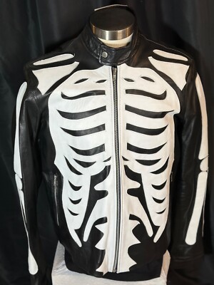 Skeleton Cafe Racer Style Black and White Leather Motorcycle Jacket