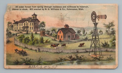 B. S. WILLIAMS 1880'S TRADE CARD WIND MILLS PUMPS KALAMAZOO MICHIGAN