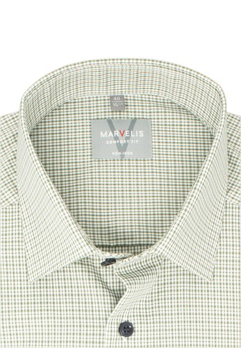 Marvelis Herren Businesshemd Comfort Fit Kent Kragen Langarm Kariert Olive - Picture 2 of 4