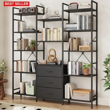 Bookcase 5 Tier 3 Fabric Drawer 10 Display Shelf Industrial Black Large