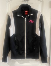 Vintage 90s Nike Track Jacket Black White w/ Pink Embroidered Logo Size S Unisex