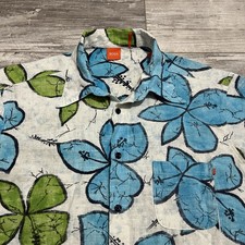   Rare HUGO BOSS Mens Short Sleeve Shirt Large White Floral Linen Tropical