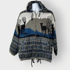 Vintage Ruminahui Full Zip Hooded Sweater | L | Gray Blue Wool