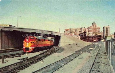 EL PASO  Texas USA Passenger train entering Union Station yards Business skyline