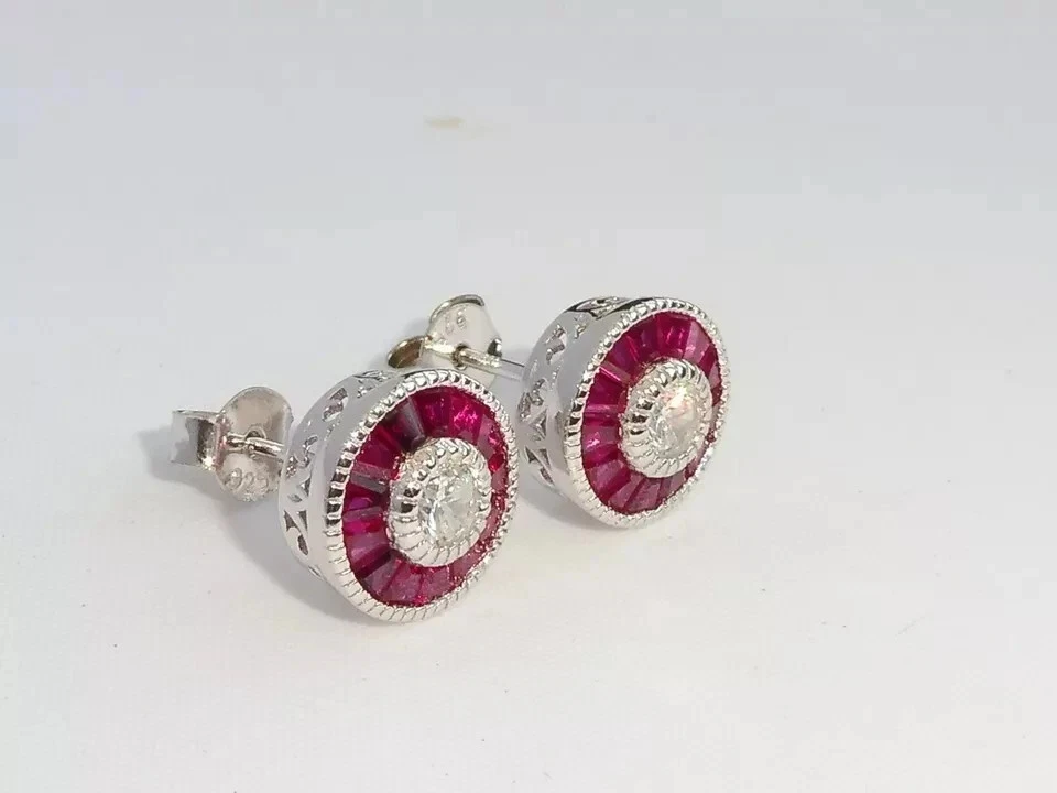 Art Deco Lab Created Diamond Wedding Anniversary 14K White Gold FN Earrings - Image 3 of 4