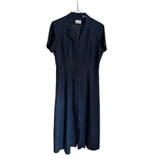 Preview Petites 100% Linen Midi Shirt Dress Navy Blue Lined Notch Collar 10P