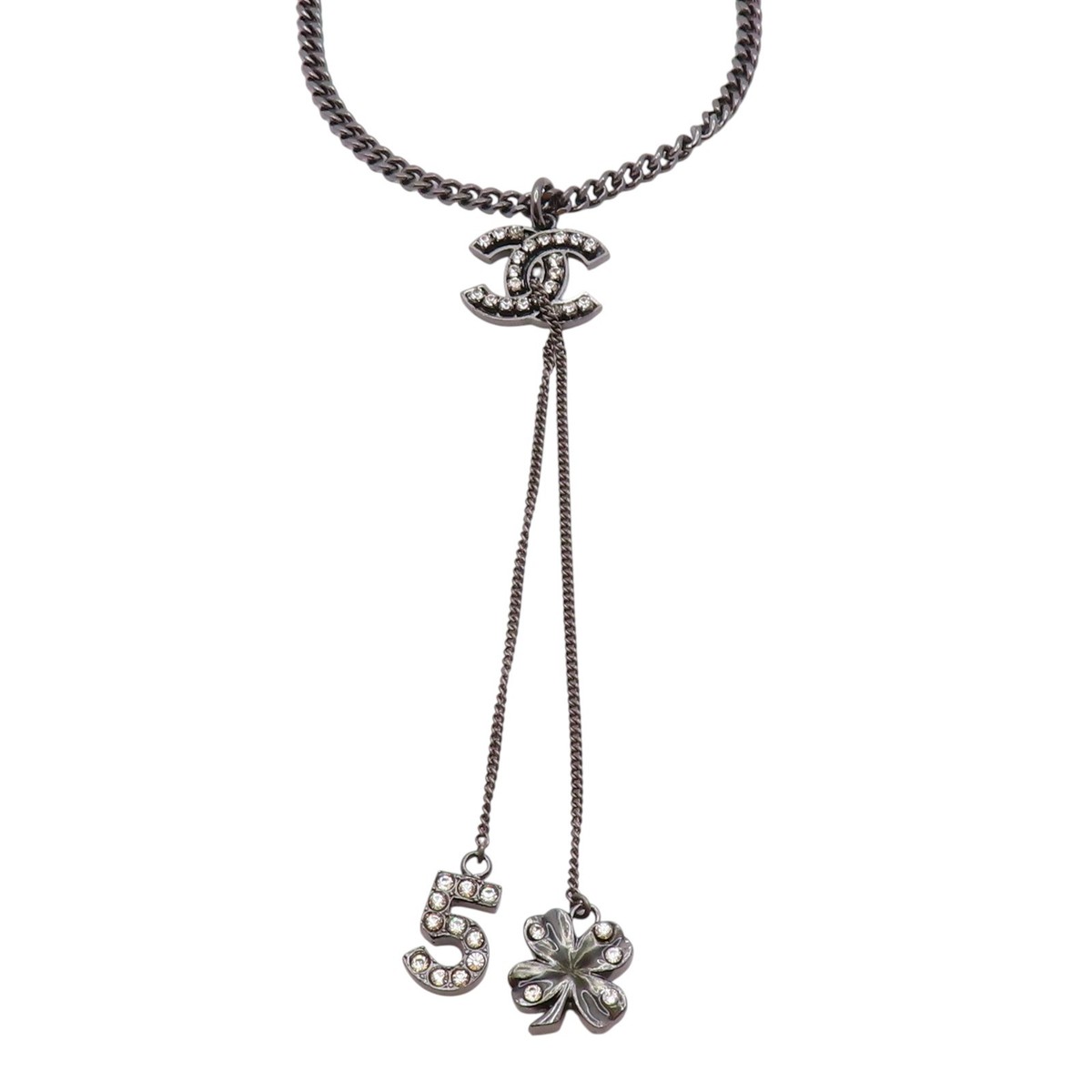 CHANEL Coco Mark No.5 Rhinestone Necklace Black Silver Plated | eBay