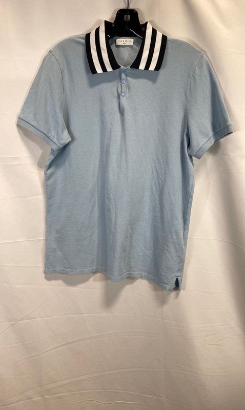 Sandro Men's Light Blue Pique Cotton Polo Shirt Black Striped Collar 19" PTP