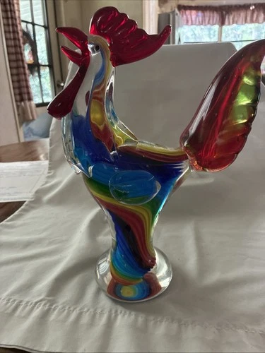 Murano Style Art Glass Rooster Figurine Mixed Colors. 11.5 Inches Tall. Vintage