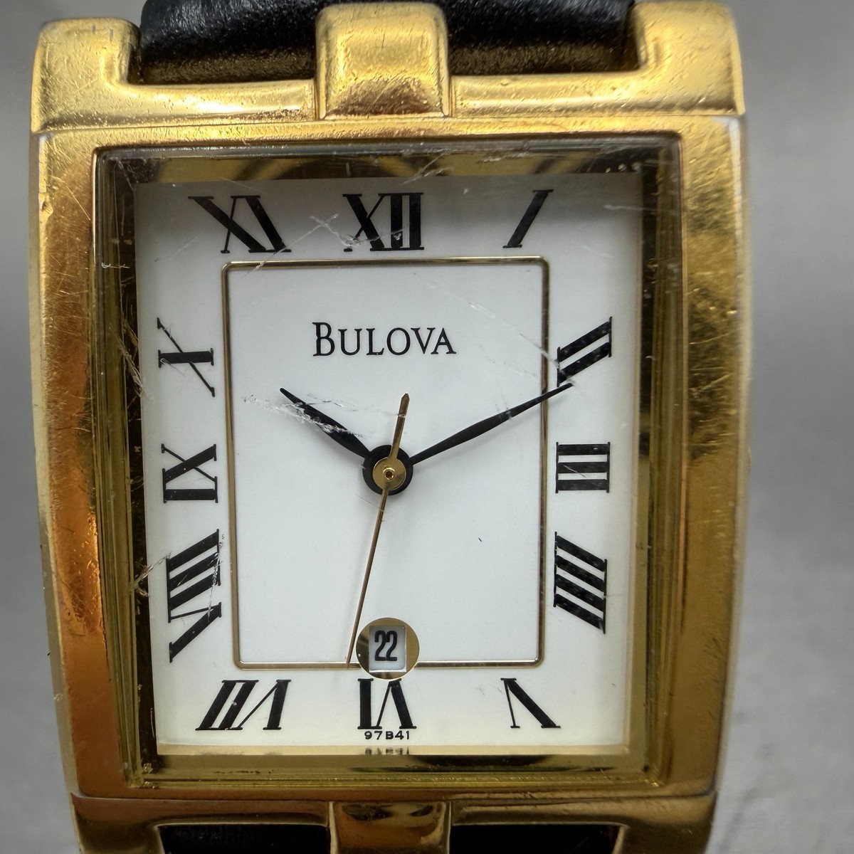 Bulova Tank Watch Men 26mm White Dial Gold Tone Date Rectangle