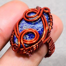 Lapis lazuli Gemstone Handmade Antique Wire Wrap Copper Jewelry Ring 6" PG 792