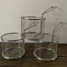 3 Mini Mesh Serving Baskets Round Metal With Handle French Fries Chips Server