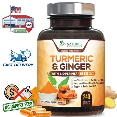 Organic Turmeric & Ginger, BioPerine 1950mg - 95% Curcuminoids - 240 Capsules