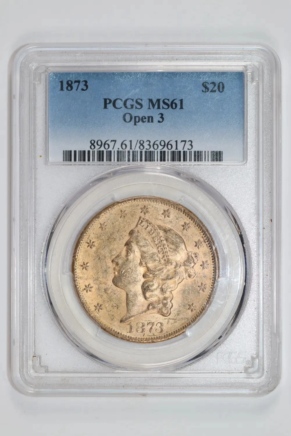 1873 OPEN 3 $20 GOLD LIBERTY DOUBLE EAGLE PCGS MS61