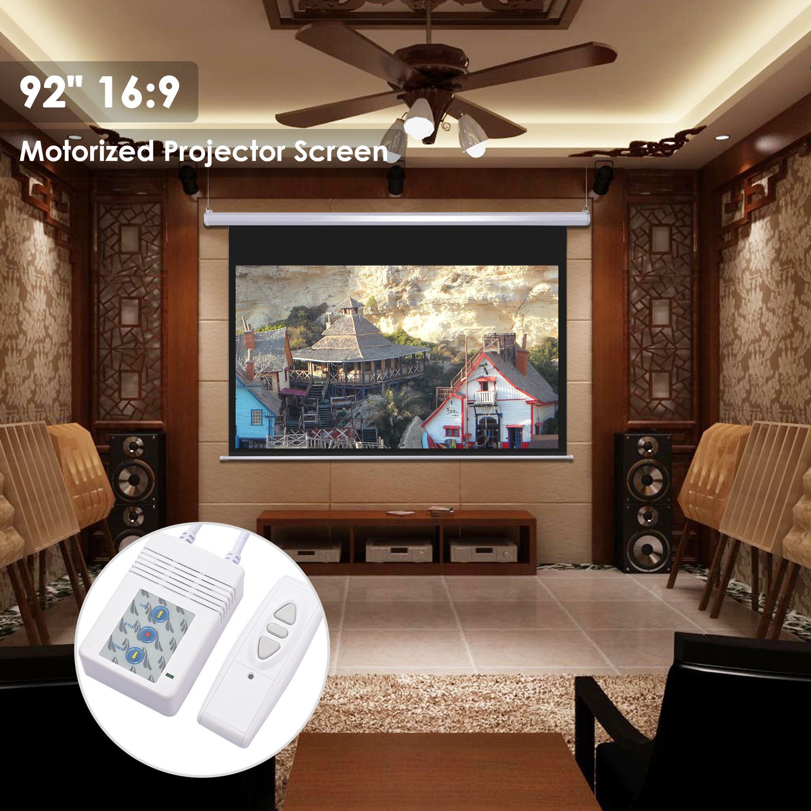 92" 16:9 Electric Motorized Projector Screen w/ Remote Control Movie Projection