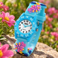 Qbos Kinderuhr MäDchen Hellblau Blumen Bienen Silikon Analog Quarz Rund 28 Mm
