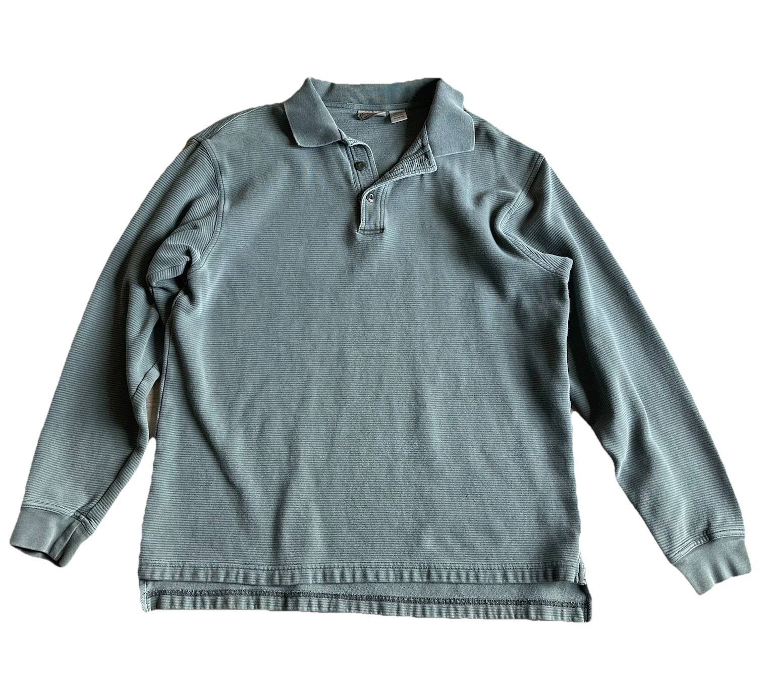 LL Bean Men’s Lakewashed Polo Medium Sage Green Ribbed Collar Buttons Rugby