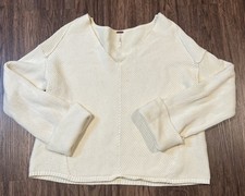 Free People V-Neck Pullover Sweater Oversized Knit Ivory Cream Cotton Size S