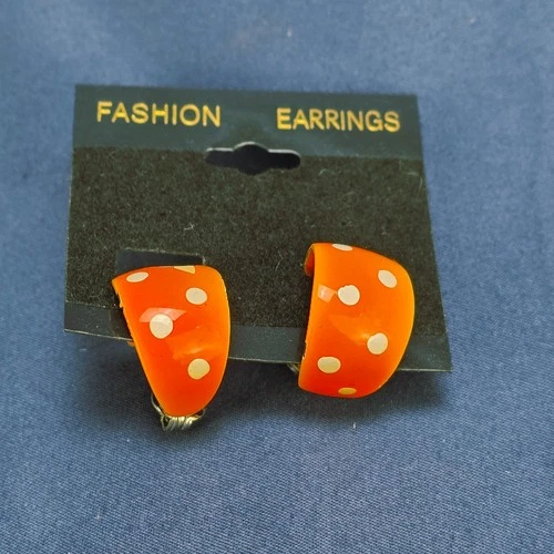 Vintage Orange Polka Dot Clip on Hoop Earrings Retro Costume Jewelry