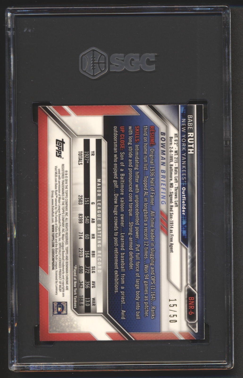 2016 Bowman Chrome NATIONAL GOLD REFRACTOR #/50 Babe Ruth SGC 9 YANKEES MINT HOF view 2