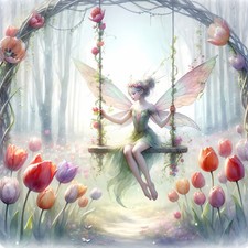 Wandbild Fee Elfe Wald Schaukel Tulpen Deko Bild Frühling Dekofliese Wandfliese