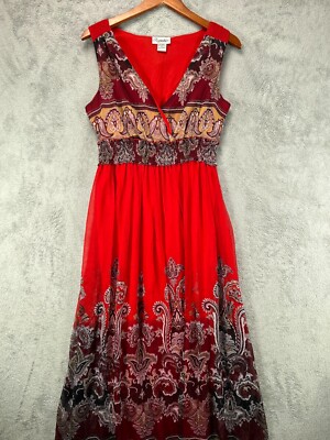 VTG Signature JMP Womens Large Maxi Dress Red Paisley Chiffon Boho V  Sleeveless | eBay