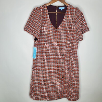 Draper James Womens Plaid Tweed Short Sleeve Dress Size 14 Gold Buttons Preppy