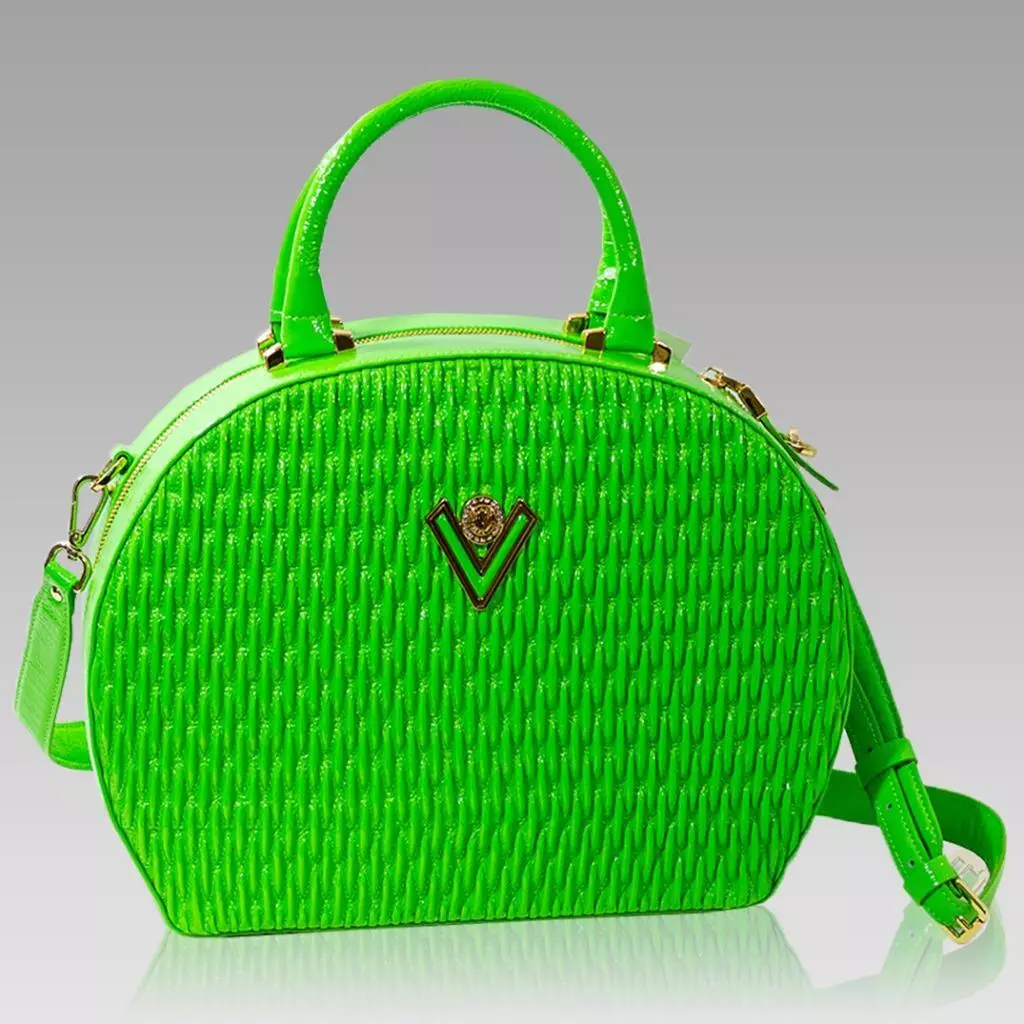 Valentino Orlandi Designer Bowler Purse Green Quilted Lacquered Leather Bag