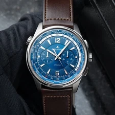 Jaeger-LeCoultre Polaris Chronograph Worldtimer Titanium Leather Blue Dial Watch