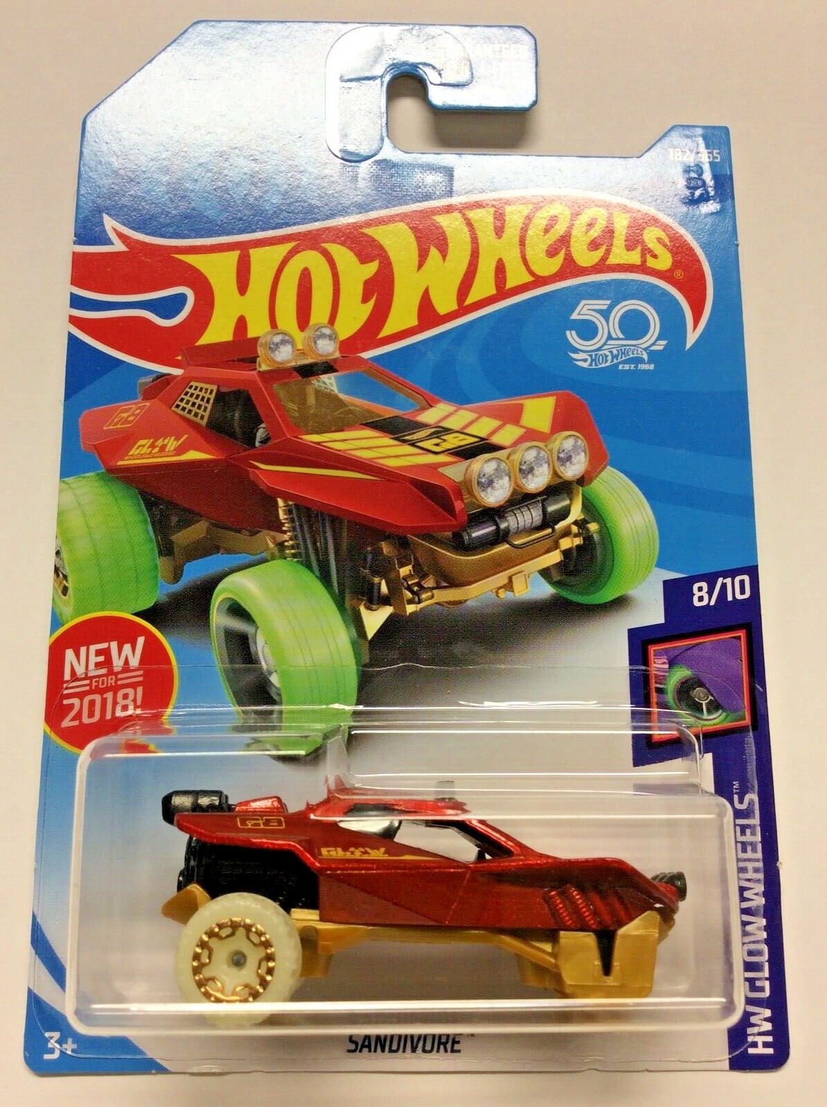 2018 Hot Wheels ERROR Sandivore Glow Wheels 8/10 182 Missing Front Axel! NIP!