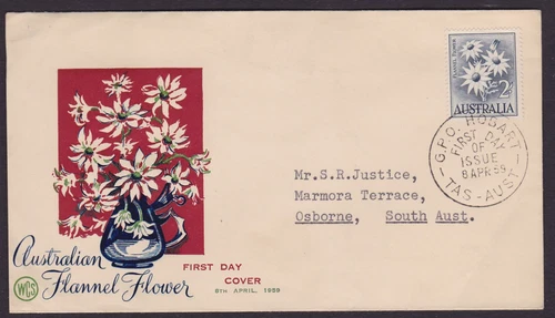 AUSTRALIA PRE DECIMAL 1959 2/- FLANNEL FLOWER WCS FDC COVER GPO HOBART  (RE102)