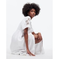 Madewell Cassie Button-Front Midi Dress in Linen in Eyelet White