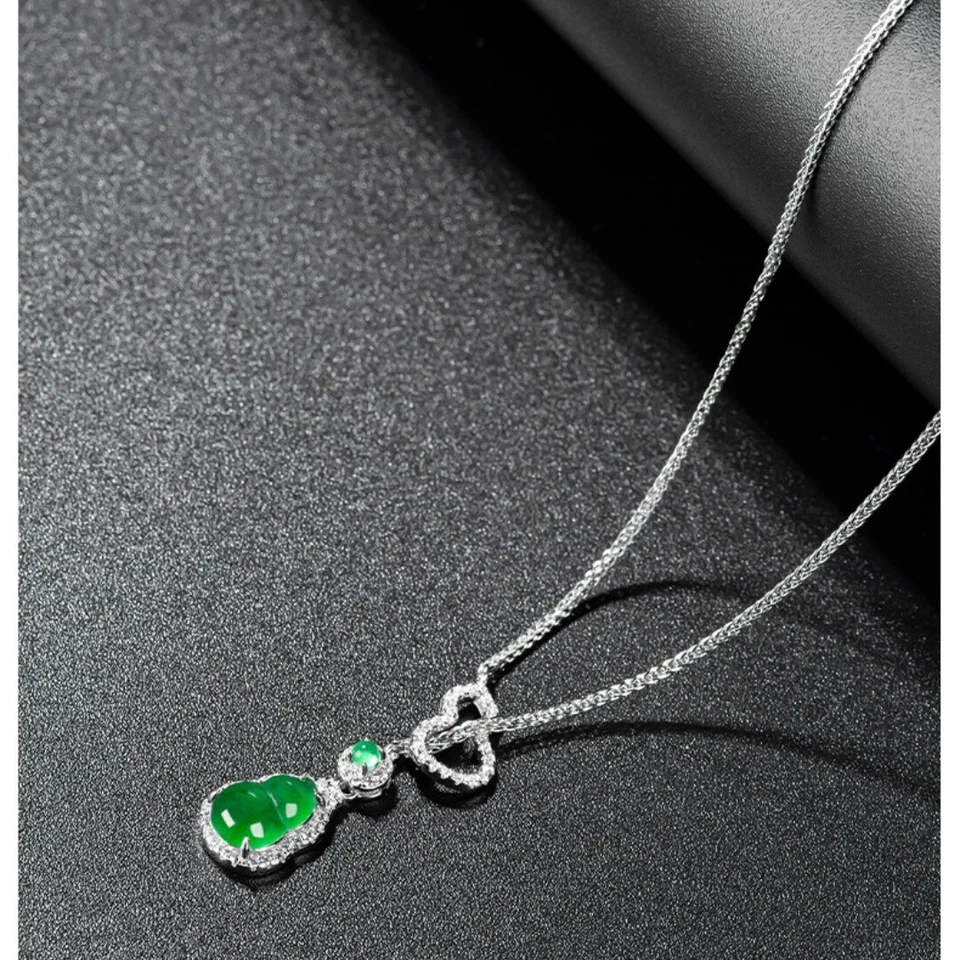 Natural Green Calabash Pendent S925 Silver Inlay Jade Women Gourd Chain Necklace Foto 3 de 4