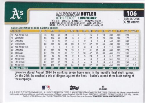 2025 Topps MLB Baseball Series 1 No. 106 Lawrence Butler Athletics - Picture 2 of 2