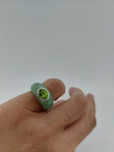 Ring grüner Jade ovaler facettierter Peridot 14 Karat Weißgold Diamanten, echter Jade Ring. - Bild 9 von 15