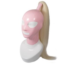 Latex Hood Back Zipper Pink Rubber Mask with Blond Pigtail Wig Club Wear Cosplay