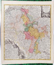 XVIII ème - Theatrum belli Rhenani Grande Carte par Homann 63 x 53  Editée 1720