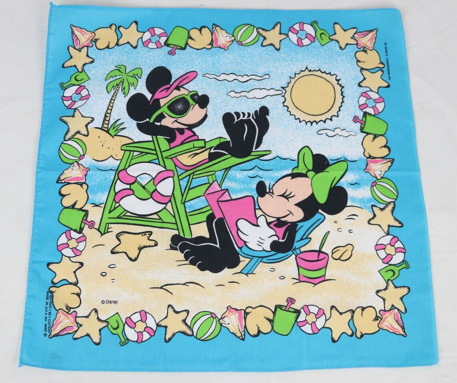 Vintage Disney Mickey Minnie Mouse Beach Scene Bandana Handkerch
