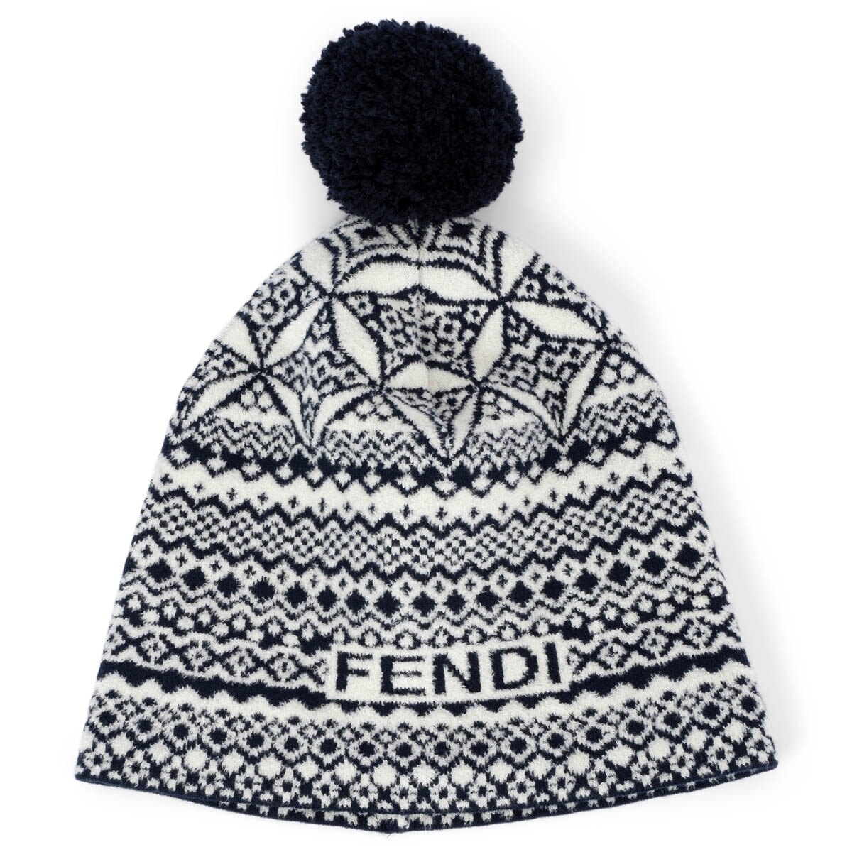 ハッピー 68585 auth FENDI blue & white wool HERITAGE POMPOM Beanie Hat OS