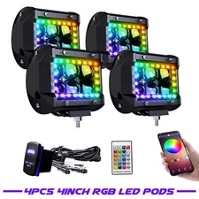4PCS 4INCH LED Pods Work Lamp Multi-Color Chasing RGB Halo Strobe Flash Spot 60W