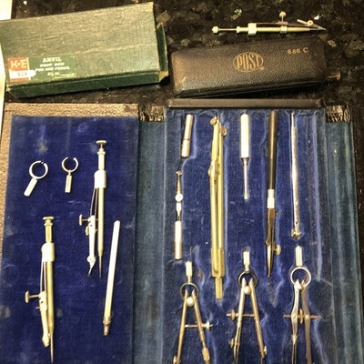 Various Drafting Tool Set with Compasses and Dividers in Case POST ANVIL
