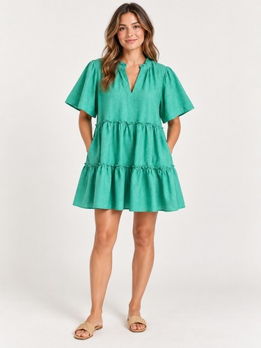 Tuckernuck Green Linen Blend Tiered Mini Dress Size M Ruffle With Pockets